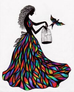 Sylwetka osoby kobiecej w wielobarwnej sukni w stylu witrażu, otwierającej klatkę w kształcie dzwonu, z której wylatuje ptak o tęczowych skrzydłach.
