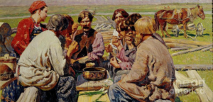 Artel meal, 1934. Drawing from Tretyakovska Gallery