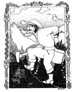 A woodcut-stylized image showing a woman climbing a mountain with a bag full of saplings and a planter hoedad in her hand.