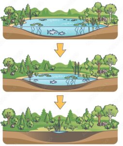 trzy obrazki pokazujące stopniowe zarastanie jeziora i jego przemianę w obszar lasu.