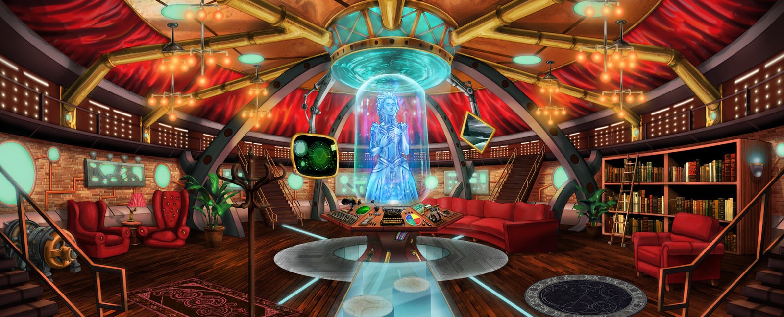 Steampuk-styled library with a computer in the middle, topped with tall holographic figure.
