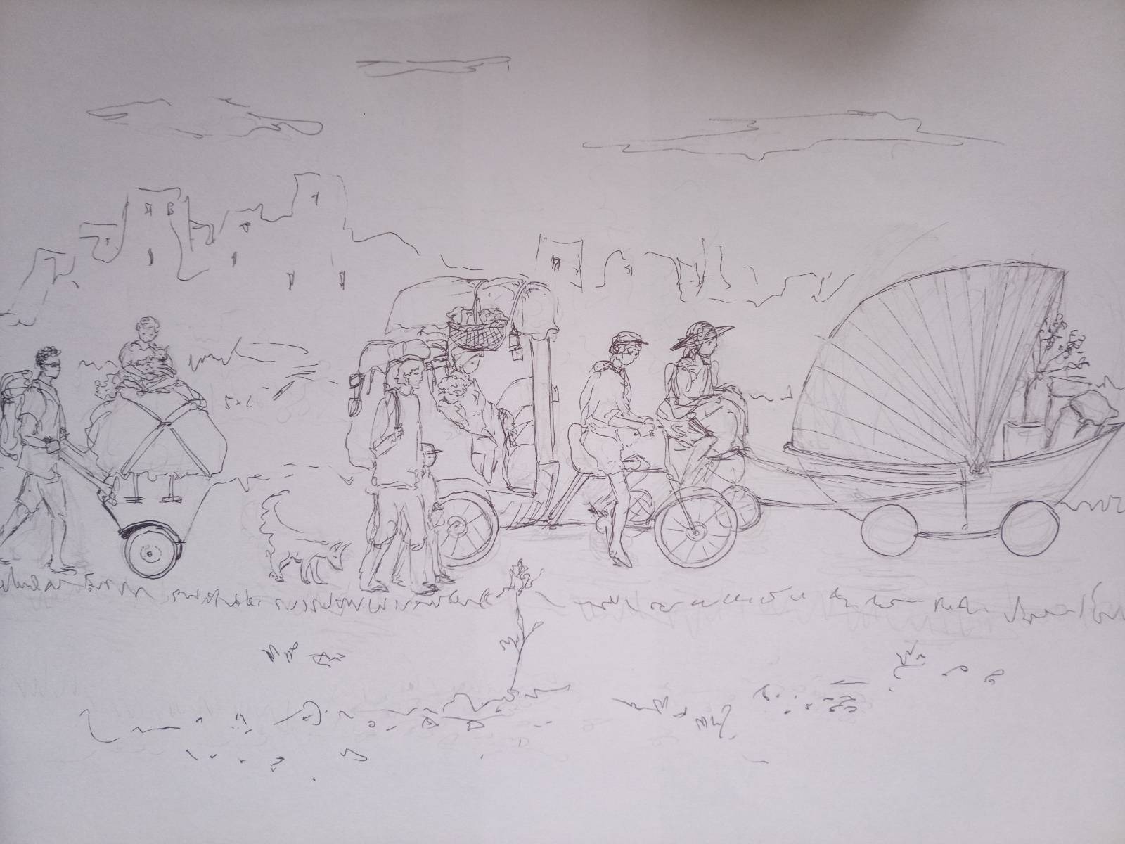 A rough sketch of a DIY vehicles caravan passing through a crumbling city.